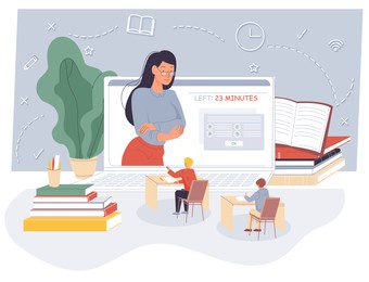 children distance exam online at virtual class. online education, home schooling concept. woman teacher on huge computer laptop screen watching over kid student passing examination test