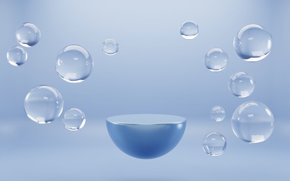 podium with air bubbles spheres on blue aqua background. mock up abstract geometric hemisphere stage, empty platform with liquid balls or drops for display product underwater realistic 3d illustration