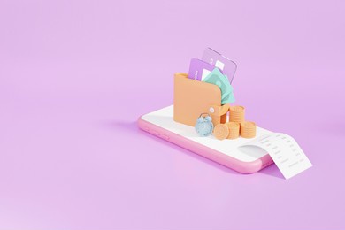 3d render online payment system credit or debit card wallet concept financial transactions on internet connect all over world, isometric, cashback, on purple background, banner, illustration