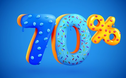70 percent off. discount dessert composition. 3d mega sale 70% symbol with flying sweet donut numbers. sale banner or poster. vector illustration