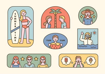 people enjoying summer vacation. label sticker concept. flat design style minimal vector illustration.