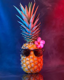 stylish pineapple in sunglasses in vibrant bold gradient holographic neon colors. summer tropical concept art