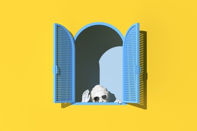 minimal scene of  hiding human sculpture in blue window on yellow wall background, minimal concept, 3d rendering.