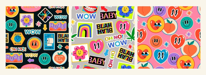 various patches, pins, stamps, stickers. funny cute comic characters. different phrases and words. hand drawn trendy vector illustration. cartoon style. set of three abstract square seamless patterns