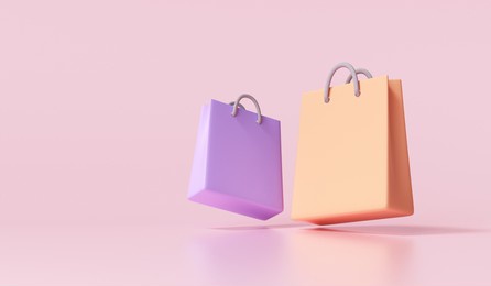 3d paper bags on ping background. online shopping concept. 3d render illustration