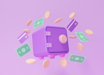 safe box float, security, coins, credit debit card, earn finance saving money concept. cartoon style minimal on purple pastel background, copy space, 3d render illustration 