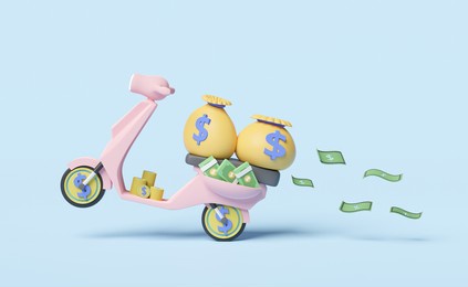 cartoon scooter transport bag money,banknote,coin isolated on pink background.quick credit approval or loan approval concept isolated on pink pastel background,3d illustration or 3d render