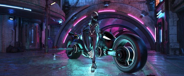 photorealistic 3d illustration of the futuristic city in the style of cyberpunk. girl in a futuristic suit with neon lights next to a cyberpunk motorcycle. beautiful night scene. grunge cityscape.