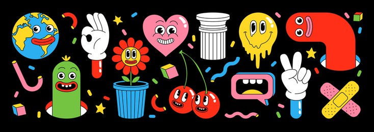 sticker pack of funny cartoon characters. vector illustration of heart, patch, earth, berry, hands, abstract faces etc. big set of comic elements in trendy cartoon style.