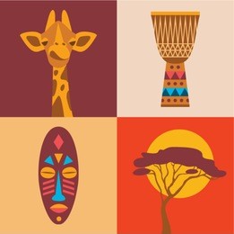 vector illustration icon set of africa: giraffe, drum, tribal mask, tree