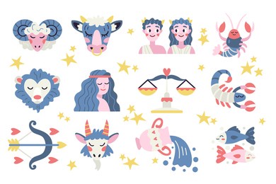 zodiac sign set. astrology symbol icon. horoscope zodiac constellation - aries, taurus, gemini, cancer, lion, virgo, libra, scorpion, sagittarius, capricorn, aquarius, pisces. vector illustration.