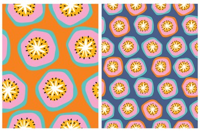 colorful hand drawn irregular geometric seamless vector patterns. blue and pink abstract exotic fruits isolated on a dark blue and orange background.