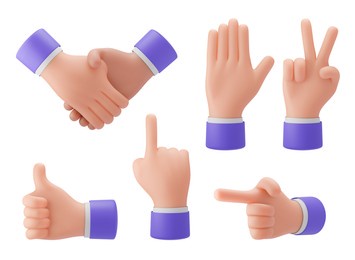 3d hand gestures, raise your hand, point your finger, cartoon style, clipping path for presentations, advertisements. 3d illustration rendering.