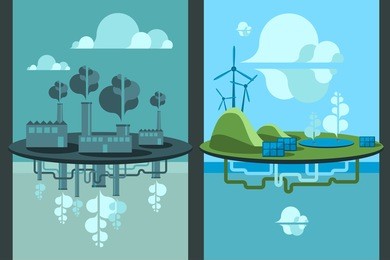 set of illustrations, concepts for ecology, traditional plant pollution and alternative energy
