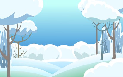 rural winter. snowy beautiful landscape. cartoon style. snowdrifts. hills and trees. snow. frosty cold. romantic beauty. flat design illustration. vector art
