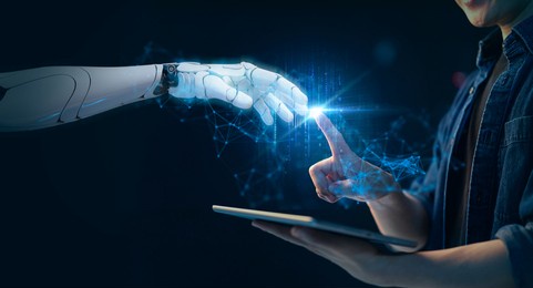 artificial intelligence, futuristic technology robot and man finger pointing touch data transfer