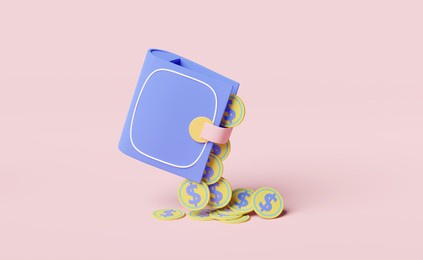 wallet with coins saving money concept isolated on pink background ,3d illustration or 3d render