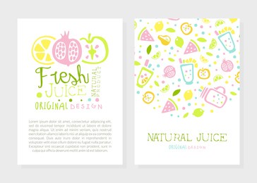 fresh juice card template with space for text, flyer, invitation, packaging design with tropical fruits seamless pattern vector illustration