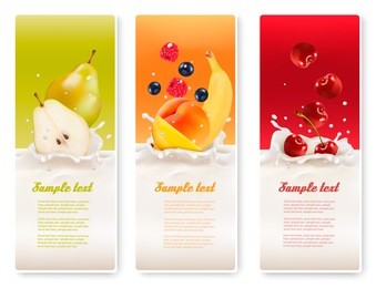 three fruit and milk labels. vector. 