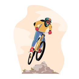 cyclist sportsman character in sports wear and helmet riding mountain bike, outdoor summer extreme. bicycle active sport life and healthy lifestyle, bike rider competition. cartoon vector illustration