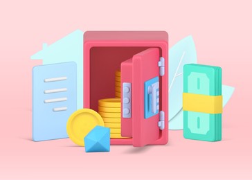 secured bank safe 3d realistic icon. pink armored box with open door and gold coins. bundle of green bills and blue diamond. protected growth in investment. vector illustration isolated realistic