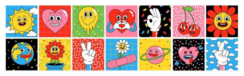 funny cartoon characters. square posters, sticker pack. vector illustration of heart, patch, earth, berry, hands, abstract faces etc. big set of comic elements in trendy retro cartoon style.