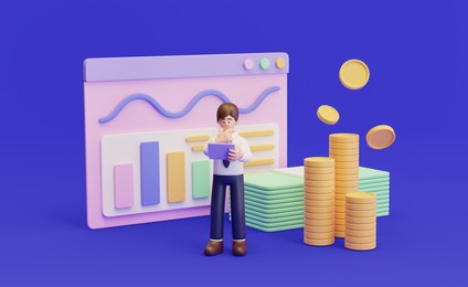 3d illustration of a man reading online financial charts with a tablet. concept of stock investment and money management.