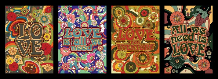 love and flowers hippie art style psychedelic backgrounds, patterns for 1960s style love party posters, covers, invitations 