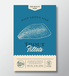 wild trout abstract vector packaging design or label. modern typography banner, hand drawn fish fillets sketch silhouette. color paper background layout. isolated.