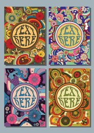 love and flowers, psychedelic floral backgrounds and patterns, templates for 1960s hippie style posters, covers, love party invitations 