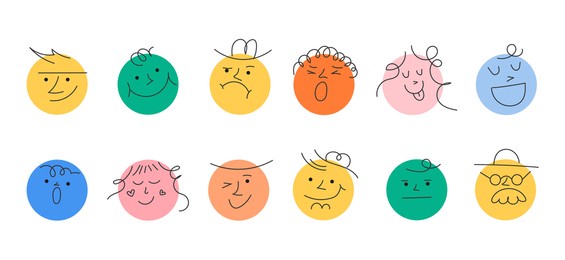 round abstract comic faces with various emotions. crayon drawing style. different colorful characters. stickers for websites and social network. hand drawn flat linear vector set on a white background