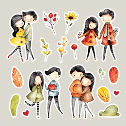 watercolor cute couple autumn and leaves sticker