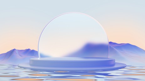 blue podium with the glass and mountains product design 3d render illustration