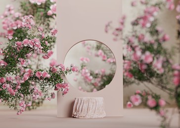3d background pink cloth podium display. nature rose flower blossom. feminine summer and spring pastel pedestal showcase frame for beauty product, cosmetic promotion. abstract garden mockup 3d render