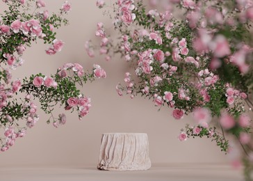 3d background pink cloth podium display. nature rose flower blossom. feminine summer and spring pedestal showcase for beauty product, cosmetic promotion. abstract, luxury garden mockup 3d render