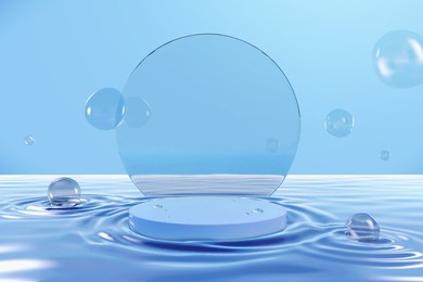 3d podium on water ripples backdrop. illustration of product platform on a blue wavy background. suitable for exhibiting summer cosmetic or moisturizer