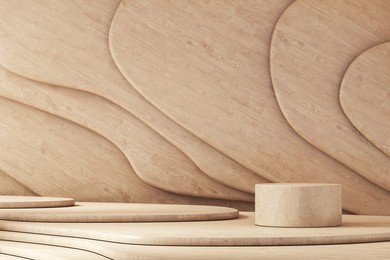 wooden cylinder platform on curve stacked free form wooden panel background, abstract background for presentation or branding. 3d rendering