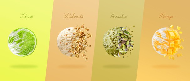 3d illustration. scoops of ice cream with four types of chocolate different. various flavors, with lime, walnuts, pistachios and mango.