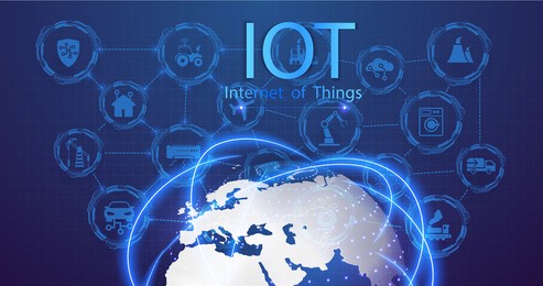 internet of things connected background. landing page iot. devices and connectivity concepts on a network. a web of network connections of digital devices against the background of the earth. vector
