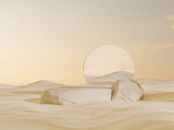 abstract platform podium on sand dunes background. stone pedestal premium podium with sky, mirror behind .realistic pastel mock-up for products promotion, cosmetics presentation. 3d render