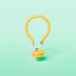 light bulb shaped pencils on minimalistic pastel green background. idea, education and art concept. 3d render
