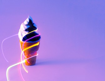 chocolate ice cream with neon lantern lines. summer party. minimal aesthetics.