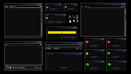 old user interface in modern dark mode. black theme of internet browser window, error message and video player