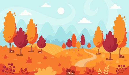 autumn landscape with trees, mountains, fields, leaves. countryside landscape. autumn background. vector illustration