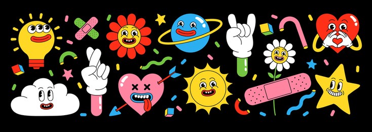 sticker pack of funny cartoon characters. vector illustration of comic heart, sun, planet, berry, abstract faces etc. big set of comic elements in trendy retro cartoon style.