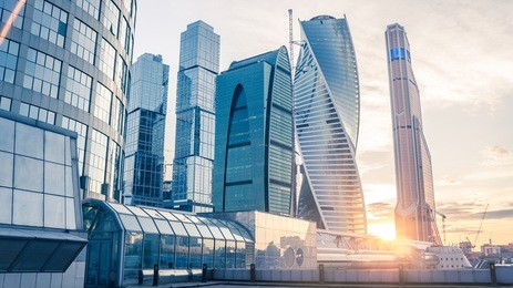 beautiful evening view of famous skyscrapers in moscow city international business center, moscow, russia. toned picture