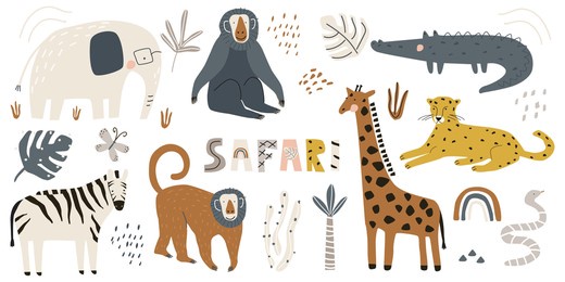 set with cute safari animals giraffe elephant, leopard, zebra, giraffe, monkey, crocodile and snake isolated on a white background. vector illustration for printing on fabric, packaging paper