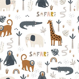 seamless pattern with cute safari animals giraffe, elephant, monkey, crocodile and snake on a white background. vector illustration for printing on fabric, packaging paper, clothing