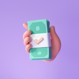 3d hand holding banknote on purple background, money saving, online payment and payment concept. 3d render illustration