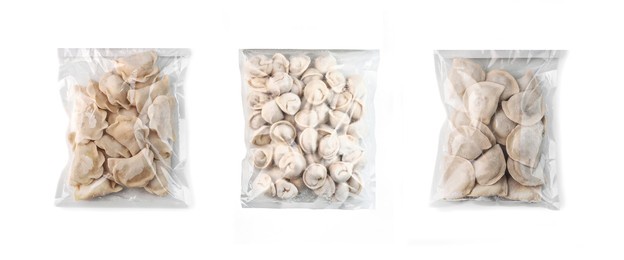 set of various frozen uncooked dumplings in recycled clean plastic package on white background isolated. selective focus. assortment for online delivery shop